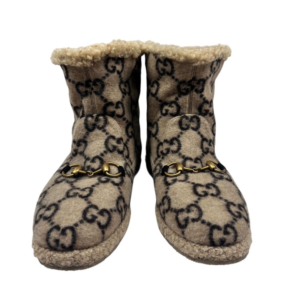 Gucci GG Monogram Wool Shearling Boots Beige Tan Women’s Size EUR 39.5 Horsebit - Picture 2 of 16